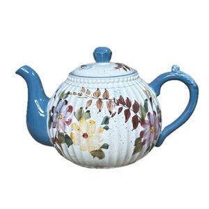 Speckled Floral Teapot with Smoky Blue Handle & Spout Cottagecore Shabby Garden